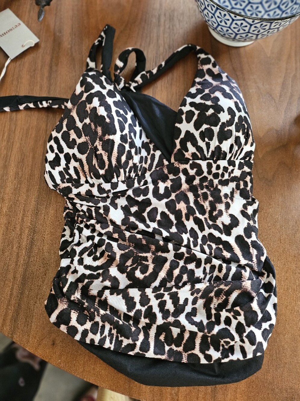 Leopard Print Women's Tankini Reversible Swim Top Black & Cream See Measurements